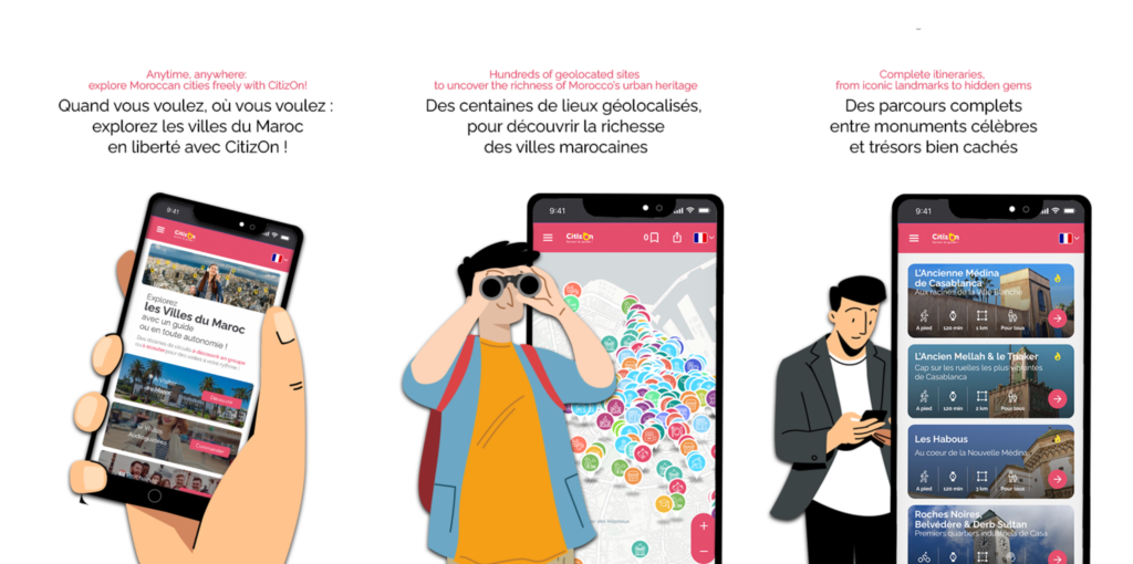 Découvrez CitizOn, l’application pour visiter Casablanca à votre rythme. Audioguides, cartes interactives et visites guidées pour explorer la ville simplement et autrement.